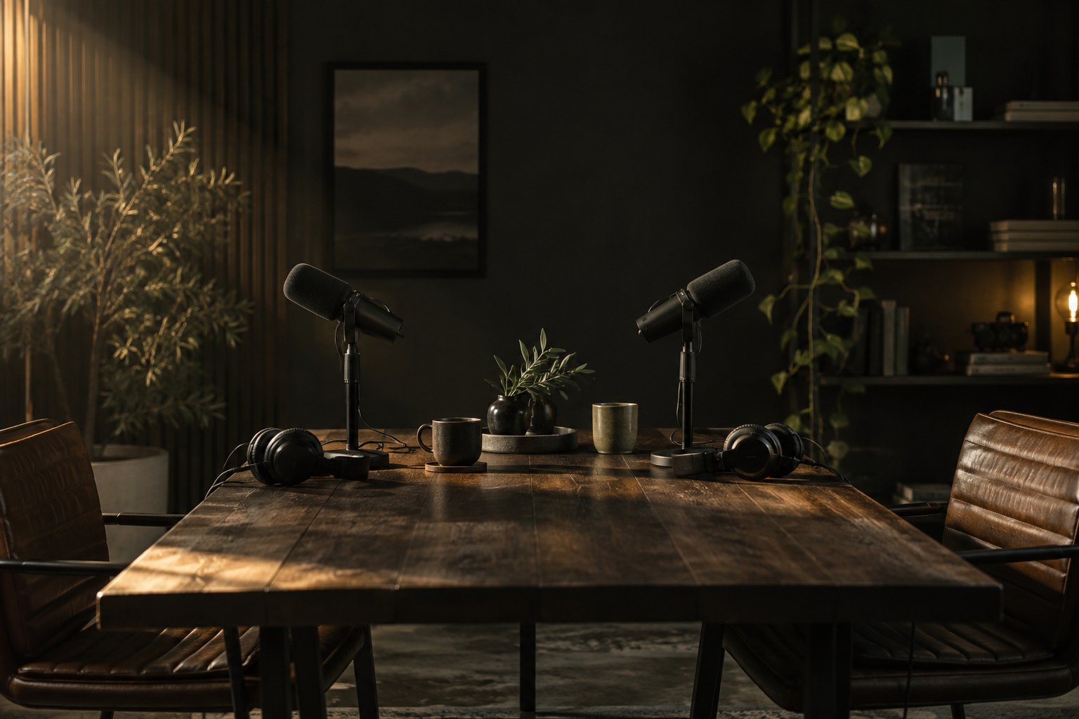 Micrófonos en una mesa de podcast, imagen ilustrativa